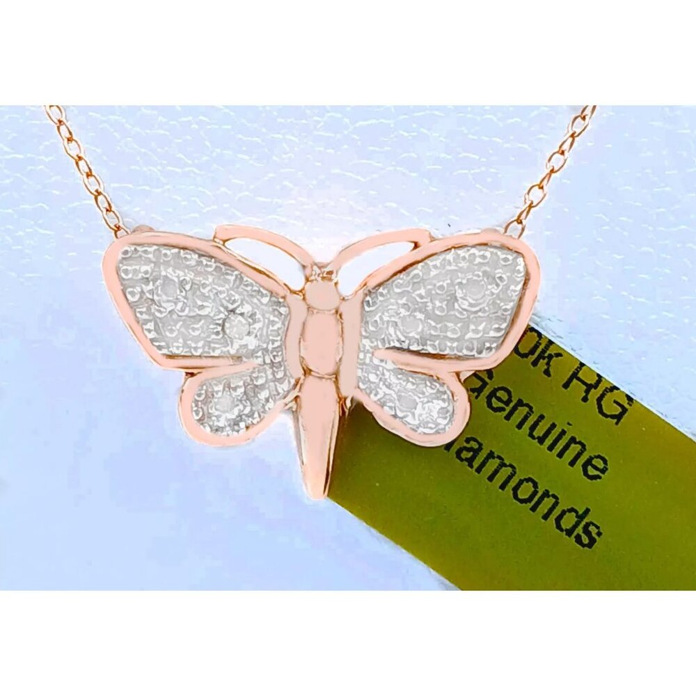 Genuine Diamond Butterfly Pendant 10k Solid Rose Gold